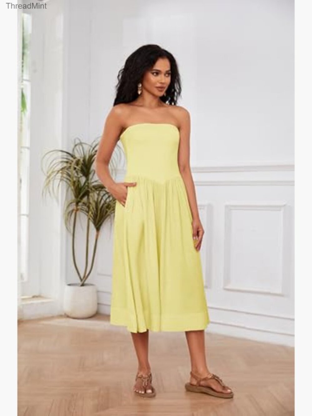 Off Shoulder Midi Dress Strapless Sleeveless Drop Waist A Line Tube - Picture 2 of 6